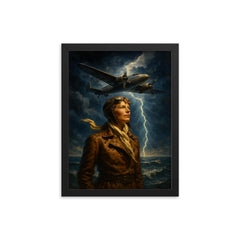 Amelia Earhart over storm lit Atlantic framed print on a plain backdrop in size 12"x16".