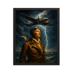 Amelia Earhart over storm lit Atlantic framed print on a plain backdrop in size 16"x20".