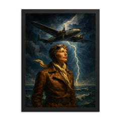 Amelia Earhart over storm lit Atlantic framed print on a plain backdrop in size 18"x24".