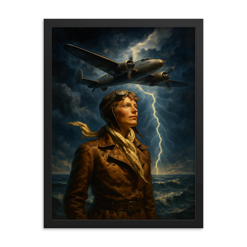 Amelia Earhart over storm lit Atlantic framed print on a plain backdrop in size 18
