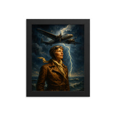 Amelia Earhart over storm lit Atlantic framed print on a plain backdrop in size 8"x10".