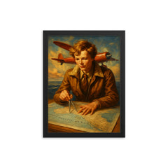 Amelia Earhart over the Pacific navigation charts framed print on a plain backdrop in size 12"x16".