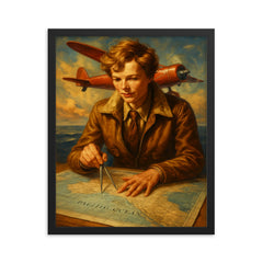 Amelia Earhart over the Pacific navigation charts framed print on a plain backdrop in size 16"x20".