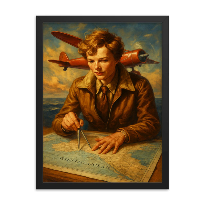 Amelia Earhart over the Pacific navigation charts framed print on a plain backdrop in size 18