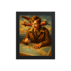 Amelia Earhart over the Pacific navigation charts framed print on a plain backdrop in size 8"x10".