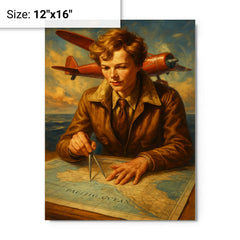 Amelia Earhart over the Pacific navigation charts metal print on a plain backdrop in size 12"x16".