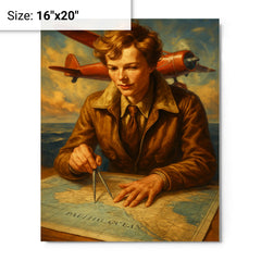 Amelia Earhart over the Pacific navigation charts metal print on a plain backdrop in size 16"x20".