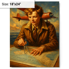 Amelia Earhart over the Pacific navigation charts metal print on a plain backdrop in size 18"x24".