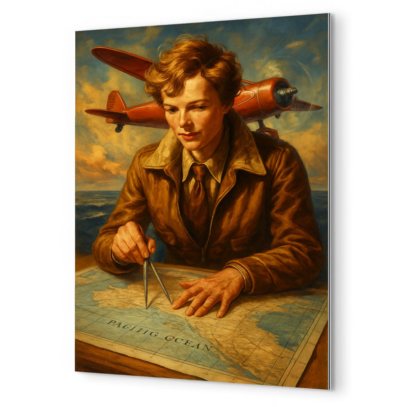 Amelia Earhart over the Pacific navigation charts metal print mockup
