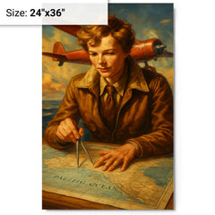 Amelia Earhart over the Pacific navigation charts metal print on a plain backdrop in size 24"x36".