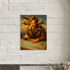 Amelia Earhart over the Pacific navigation charts metal print mockup