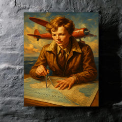 Amelia Earhart over the Pacific navigation charts metal print mockup