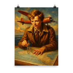 Amelia Earhart over the Pacific navigation charts poster on a plain backdrop in size 8"x10".