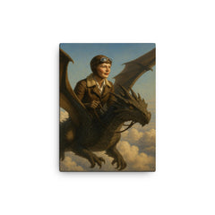 Amelia Earhart riding a dragon above the clouds canvas print on a plain backdrop in size 12"x16".