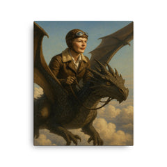 Amelia Earhart riding a dragon above the clouds canvas print on a plain backdrop in size 16"x20".