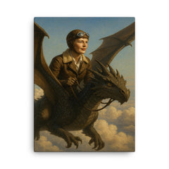 Amelia Earhart riding a dragon above the clouds canvas print on a plain backdrop in size 18"x24".