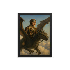 Amelia Earhart riding a dragon above the clouds framed print on a plain backdrop in size 12"x16".