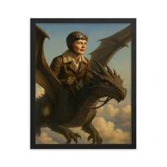 Amelia Earhart riding a dragon above the clouds framed print on a plain backdrop in size 16"x20".