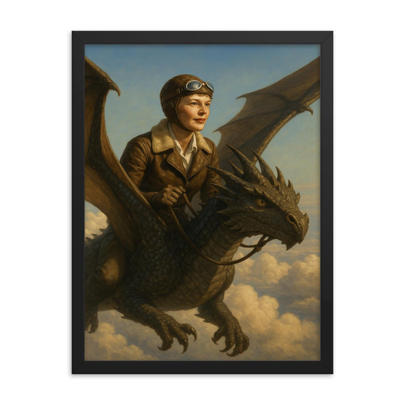 Amelia Earhart riding a dragon above the clouds framed print on a plain backdrop in size 18