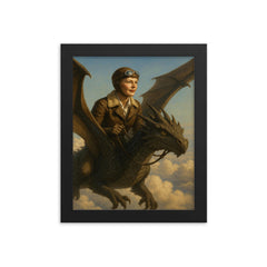 Amelia Earhart riding a dragon above the clouds framed print on a plain backdrop in size 8"x10".