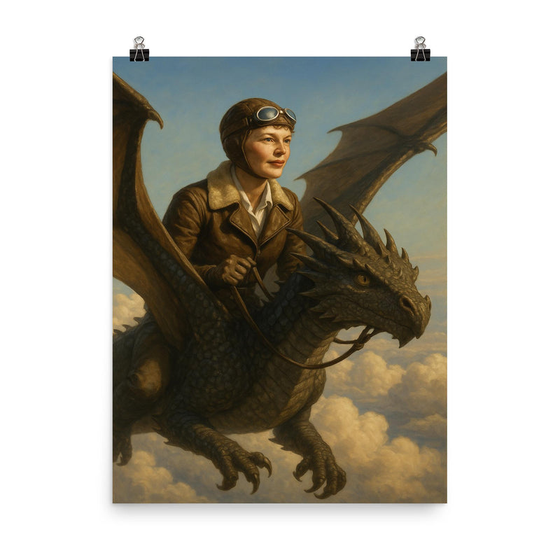 Amelia Earhart riding a dragon above the clouds poster on a plain backdrop in size 8