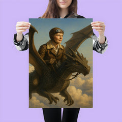 Amelia Earhart riding a dragon above the clouds poster 3