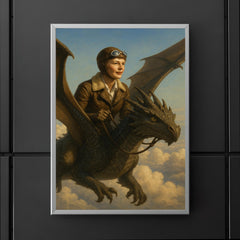 Amelia Earhart riding a dragon above the clouds poster 5