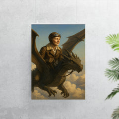 Amelia Earhart riding a dragon above the clouds poster 7