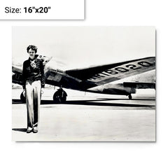 Amelia Earhart standing in front of the Lockheed Electra metal print on a plain backdrop in size 16"x20".