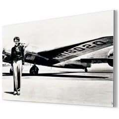 Amelia Earhart standing in front of the Lockheed Electra metal print mockup