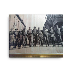 American and Soviet Soldiers Together at the End of World War II canvas print on a plain backdrop in size 16"x20".