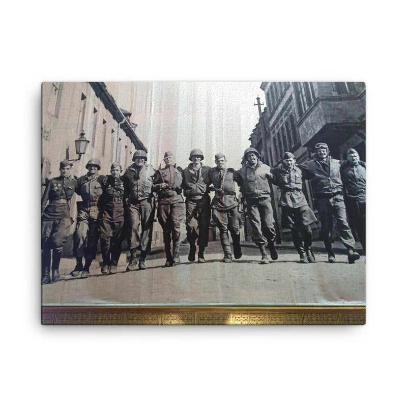 American and Soviet Soldiers Together at the End of World War II canvas print on a plain backdrop in size 18