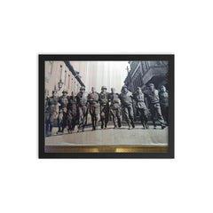 American and Soviet Soldiers Together at the End of World War II framed print on a plain backdrop in size 12"x16".