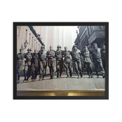 American and Soviet Soldiers Together at the End of World War II framed print on a plain backdrop in size 16"x20".