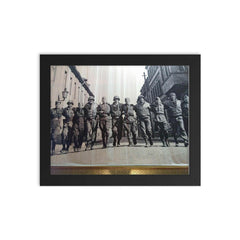 American and Soviet Soldiers Together at the End of World War II framed print on a plain backdrop in size 8"x10".