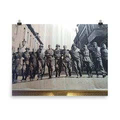 American and Soviet Soldiers Together at the End of World War II poster on a plain backdrop in size 8"x10".