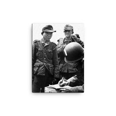 American Paratroopers Capturing Yang Kyoungjong in Normandy, June 1944 canvas print on a plain backdrop in size 12"x16".