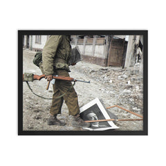 American Soldier of the 87th Infantry Division in Koblenz, Germany, March 1945 framed print on a plain backdrop in size 16"x20".