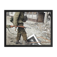 American Soldier of the 87th Infantry Division in Koblenz, Germany, March 1945 framed print on a plain backdrop in size 18"x24".