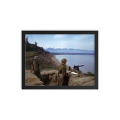 American Soldiers Guarding the Coast with an M1919 Machine Gun from a Trench in Astoria, Oregon, 1942 framed print on a plain backdrop in size 12"x16".