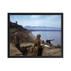 American Soldiers Guarding the Coast with an M1919 Machine Gun from a Trench in Astoria, Oregon, 1942 framed print on a plain backdrop in size 16"x20".