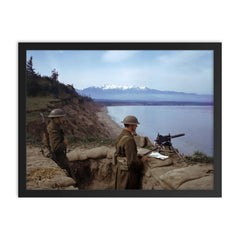 American Soldiers Guarding the Coast with an M1919 Machine Gun from a Trench in Astoria, Oregon, 1942 framed print on a plain backdrop in size 18"x24".