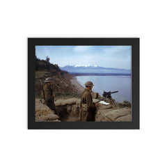 American Soldiers Guarding the Coast with an M1919 Machine Gun from a Trench in Astoria, Oregon, 1942 framed print on a plain backdrop in size 8"x10".