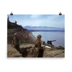 American Soldiers Guarding the Coast with an M1919 Machine Gun from a Trench in Astoria, Oregon, 1942 poster on a plain backdrop in size 8"x10".