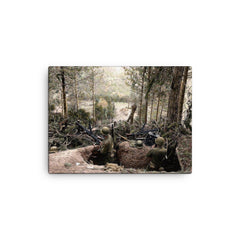 American Troops Man a Machine Gun in a Captured German Position, Battle of Hurtgen Forest 1944 canvas print on a plain backdrop in size 12"x16".