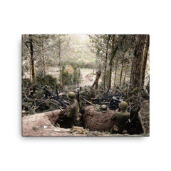 American Troops Man a Machine Gun in a Captured German Position, Battle of Hurtgen Forest 1944 canvas print on a plain backdrop in size 16"x20".