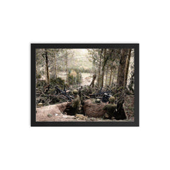 American Troops Man a Machine Gun in a Captured German Position, Battle of Hurtgen Forest 1944 framed print on a plain backdrop in size 12"x16".
