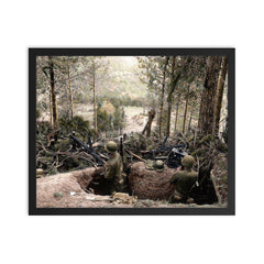 American Troops Man a Machine Gun in a Captured German Position, Battle of Hurtgen Forest 1944 framed print on a plain backdrop in size 16"x20".