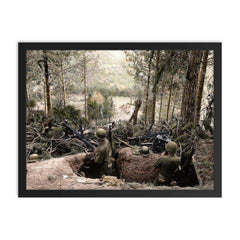American Troops Man a Machine Gun in a Captured German Position, Battle of Hurtgen Forest 1944 framed print on a plain backdrop in size 18"x24".