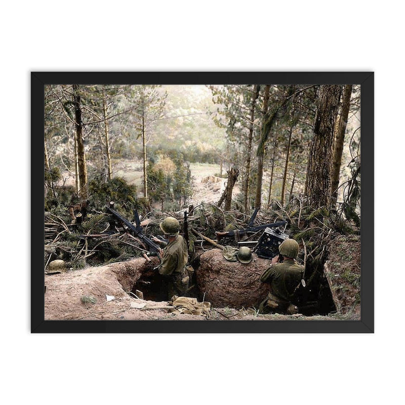 American Troops Man a Machine Gun in a Captured German Position, Battle of Hurtgen Forest 1944 framed print on a plain backdrop in size 18